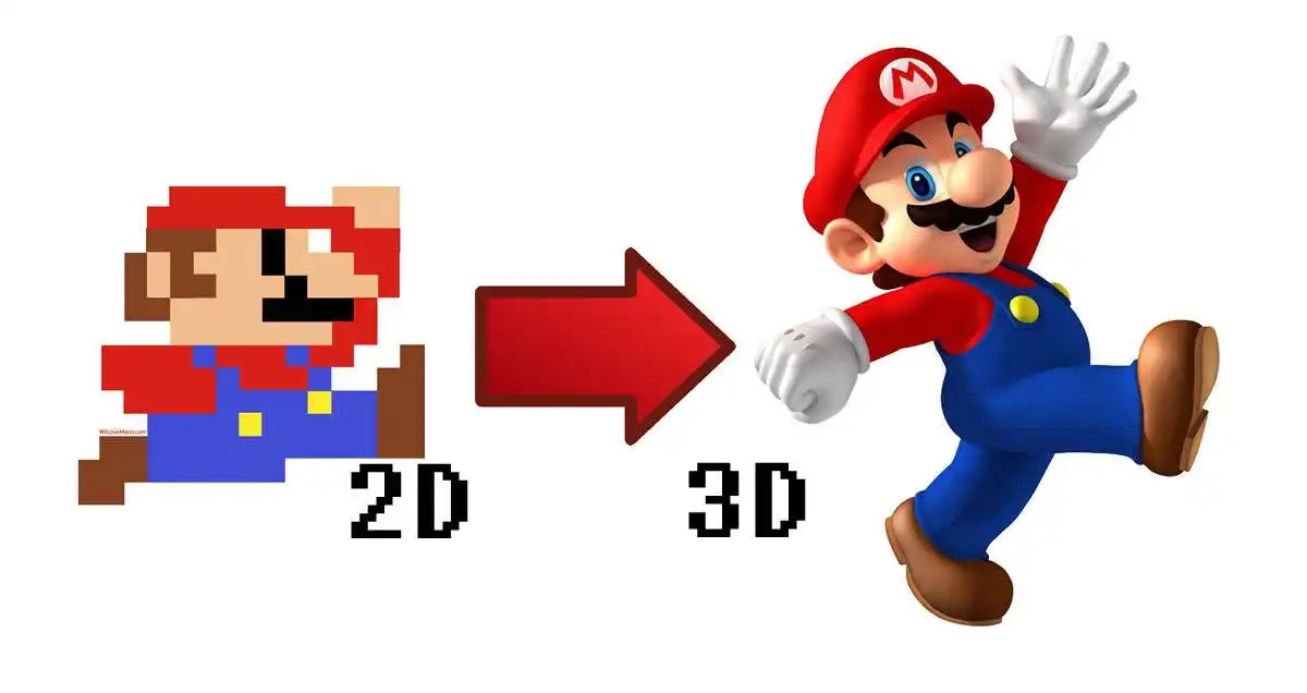 Side-by-side comparison of 2D sprite vs 3D model in Super Mario Bros for 2d vs 3d games
