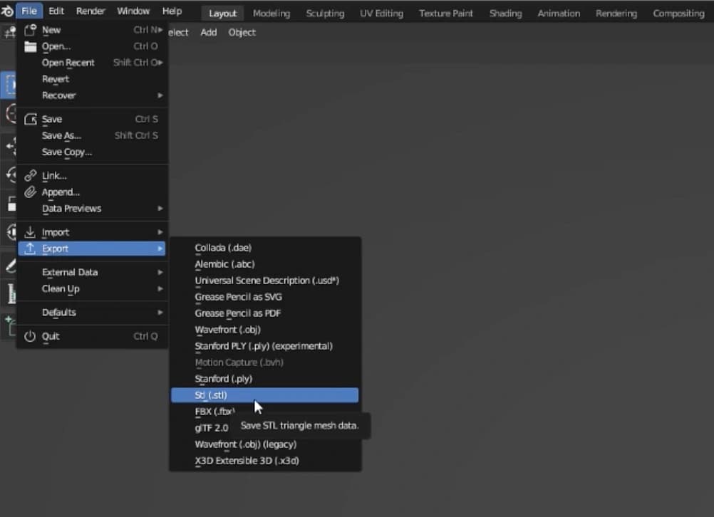 Export STL file in Blender