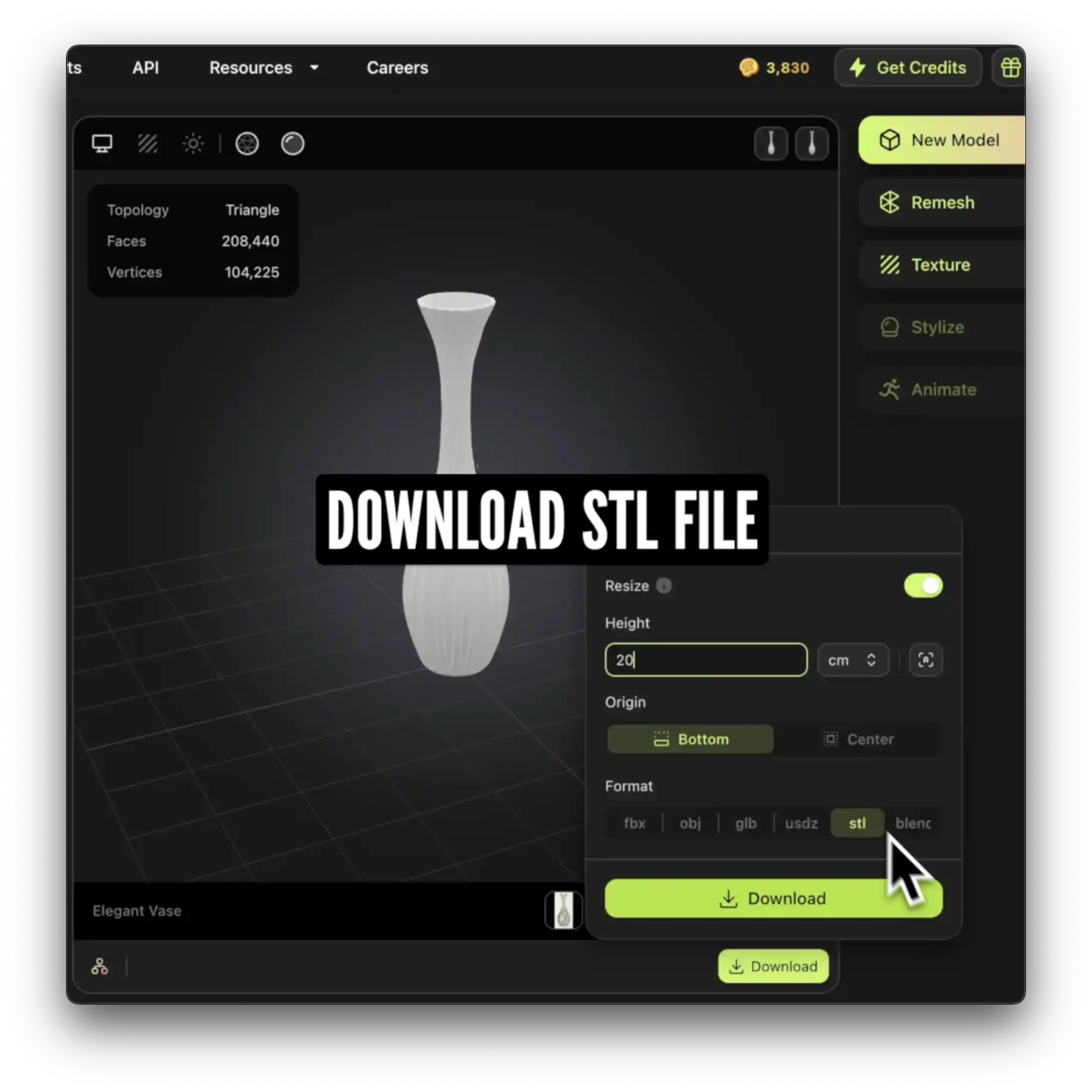 downloading the stl file of a vase model