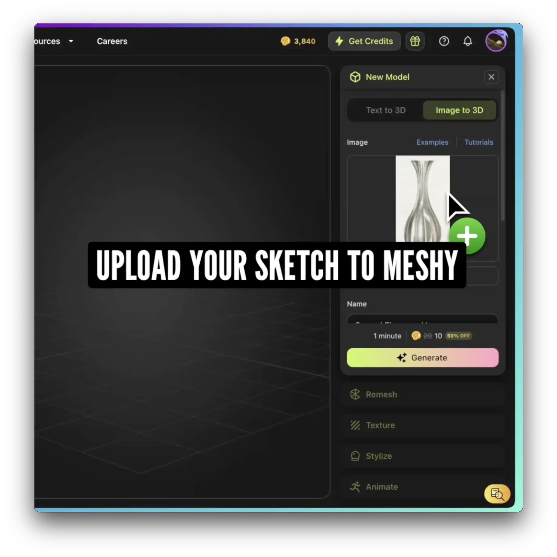 uploading the sketch to meshy
