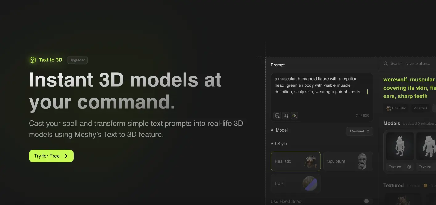 Meshy text to 3D feature