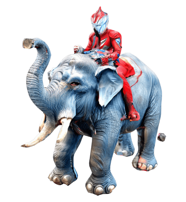 Ultraman riding an elephant