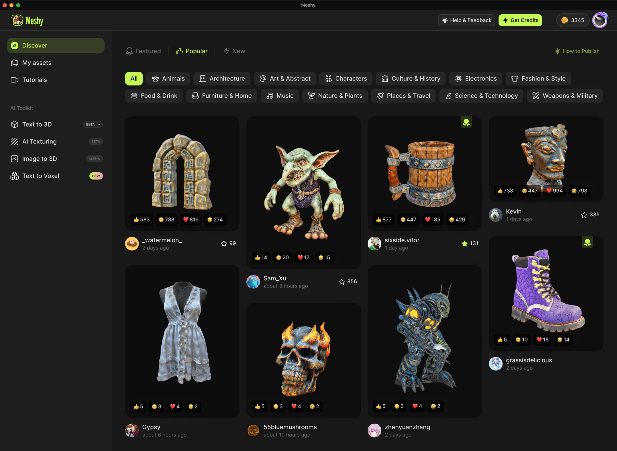 Showcase of meshy community generated 3d models