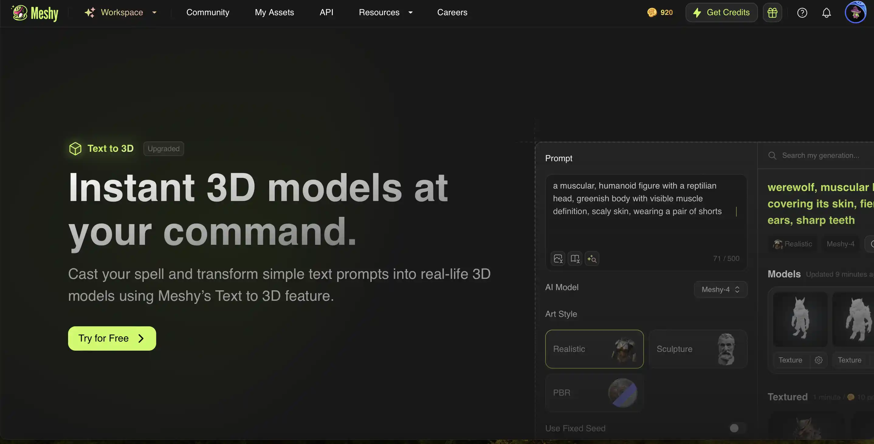 Meshy Feature text to 3D